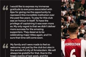 亨德森告别信：为阿贾克斯效力是我的荣幸，遗憾未带来更多成功